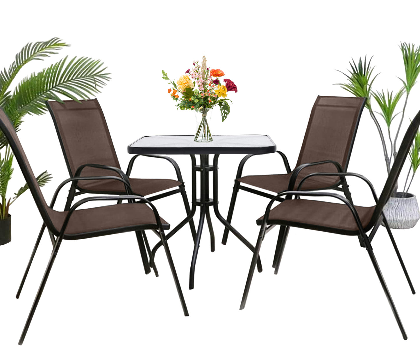 Meble ogrodowe stół kwadratowy szklany i 4 krzesła metalowe brązowe