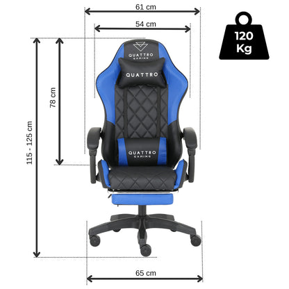 Fotel Gamingowy Carbon Blue z Wysuwanym Podnóżkiem i Pikowanym Obiciem