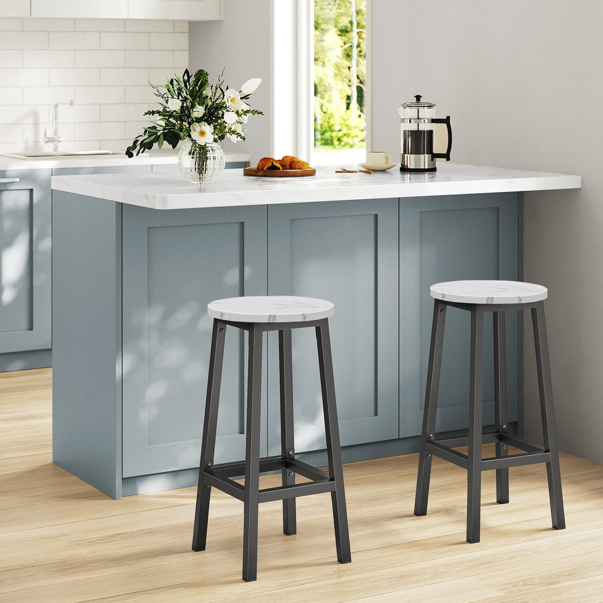 Taboret barowy 65cm - biały marmur / nogi czarne