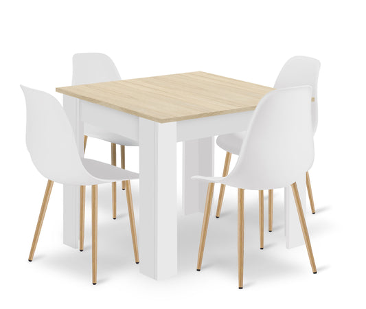 Zestaw Stół 80x80cm Dąb Sonoma + Biały + 4 krzesła białe / nogi naturalne