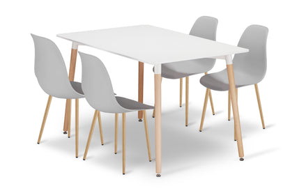 Zestaw Stół 120cm x 80cm - biały + 4 krzesła  szare / nogi naturalne