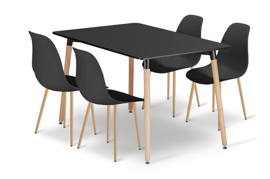 Zestaw Stół  120cm x 80cm - czarny + 4 krzesła czarne / nogi naturalne