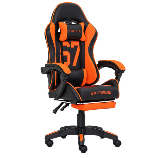 Fotel gamingowy SIGMA 67 Orange z podnóżkiem, regulowanym oparciem i oddychającą tapicerką