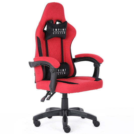 Fotel gamingowy dla gracza tapicerowany, kubełkowe oparcie, czerwono-czarny