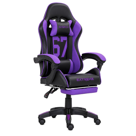 Fotel gamingowy SIGMA 67 Purple z podnóżkiem, regulowanym oparciem i oddychającą tapicerką