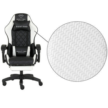 Fotel Gamingowy Carbon White z Wysuwanym Podnóżkiem i Pikowanym Obiciem