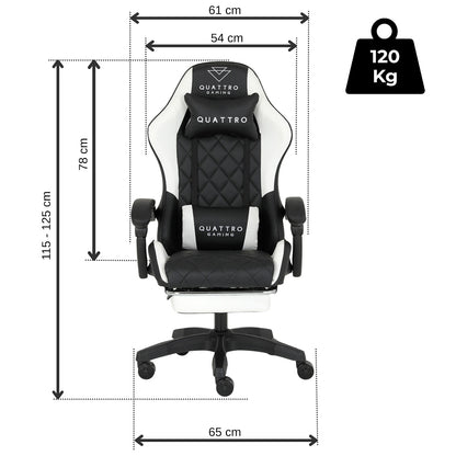 Fotel Gamingowy Carbon White z Wysuwanym Podnóżkiem i Pikowanym Obiciem