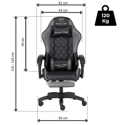 Fotel Gamingowy Carbon Gray z Wysuwanym Podnóżkiem i Pikowanym Obiciem