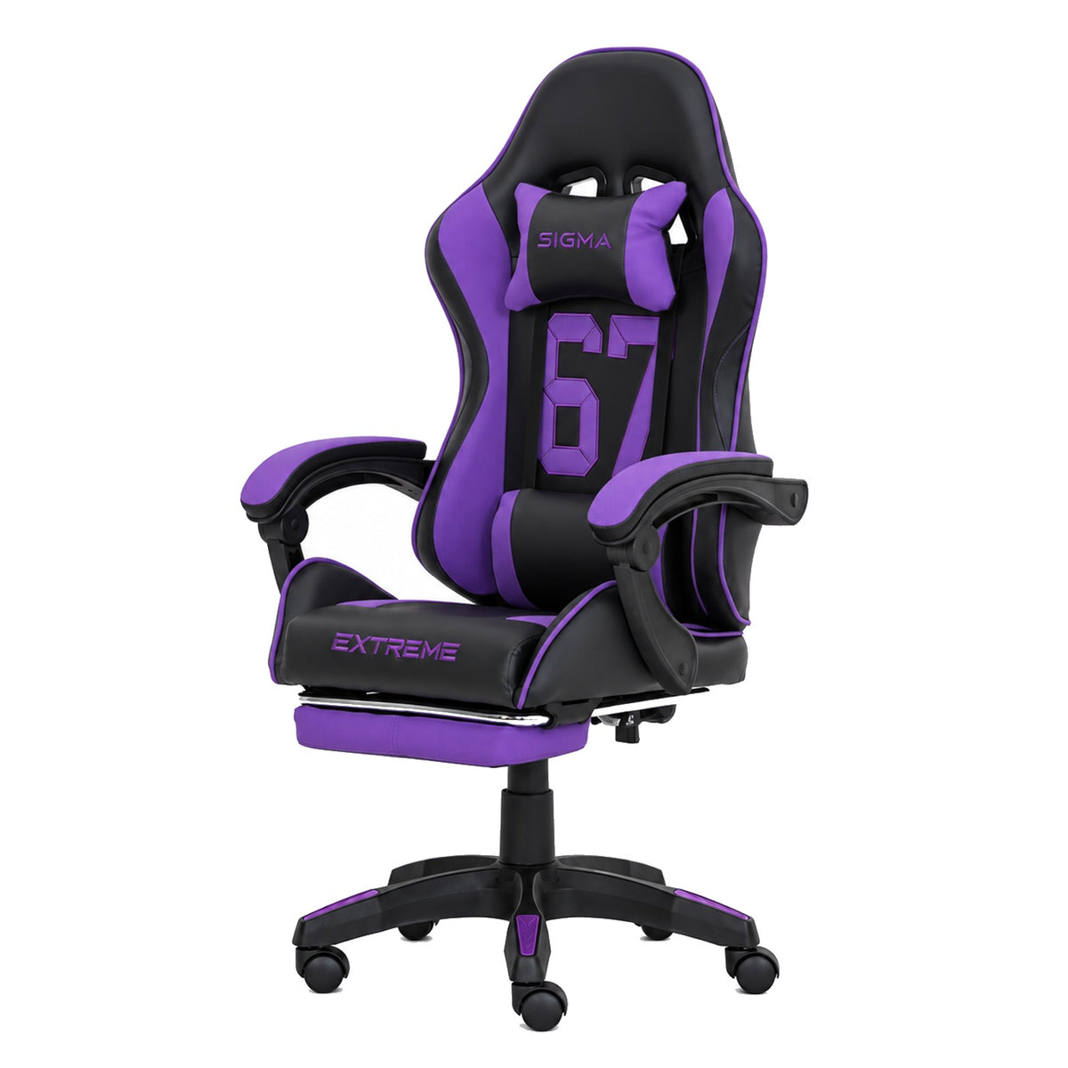 Fotel gamingowy SIGMA 67 Purple z podnóżkiem, regulowanym oparciem i oddychającą tapicerką